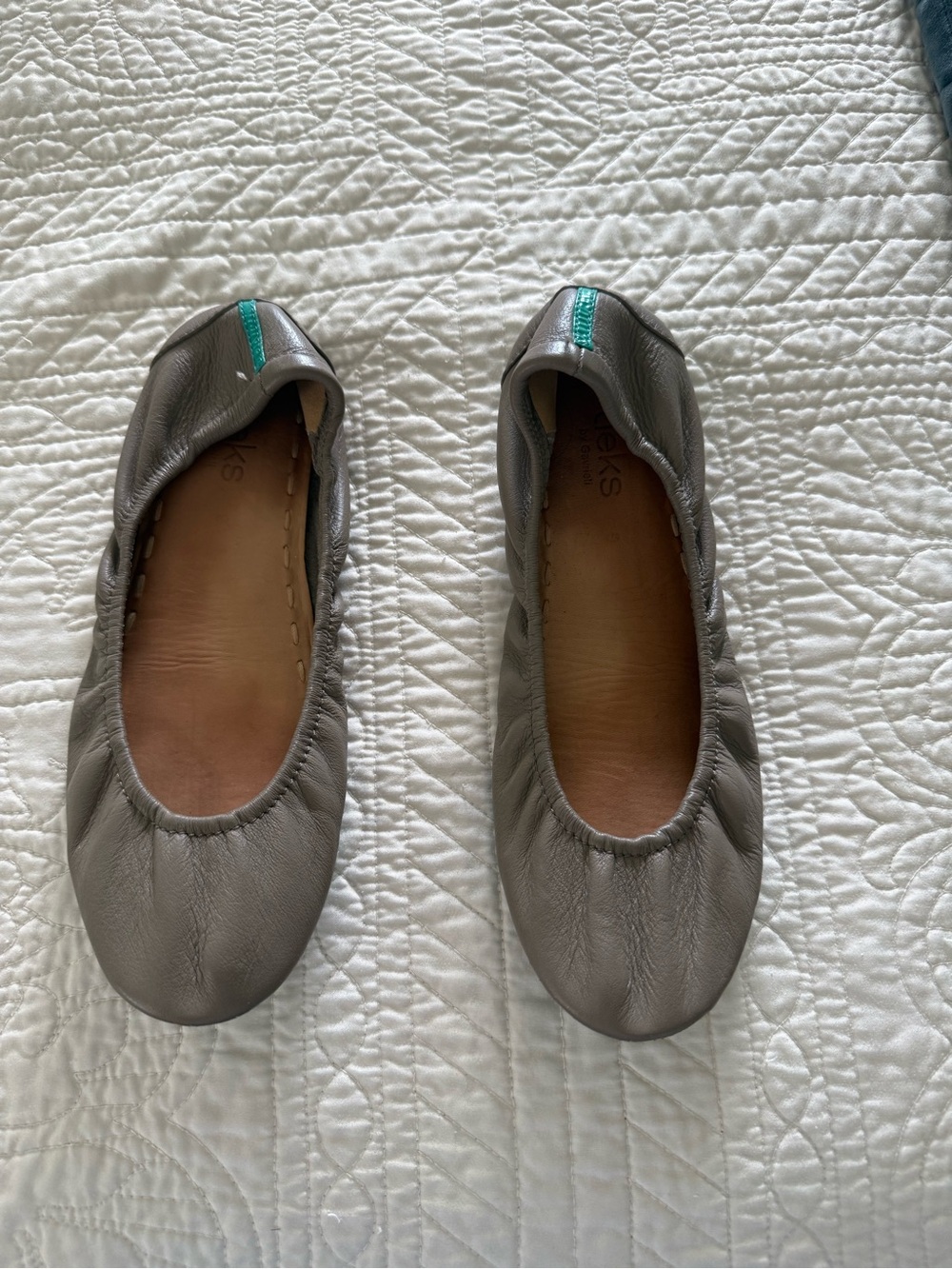 Tieks Taupe Leather Ballet Flats with Teal Heel Tab